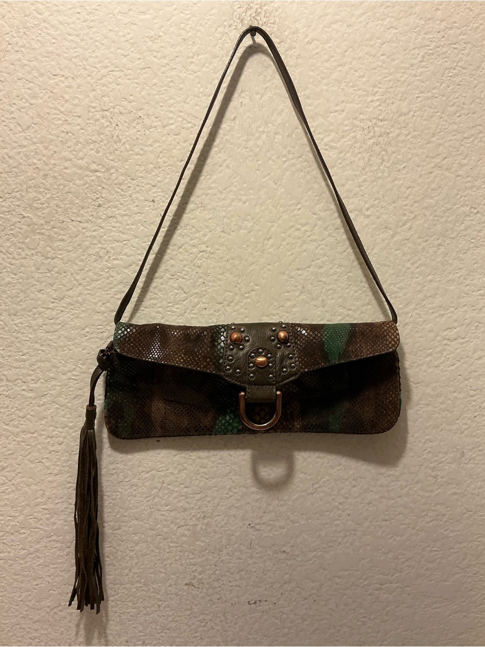 Guess collection Camouflage Pattern Brown Leather Clutch with Tassel